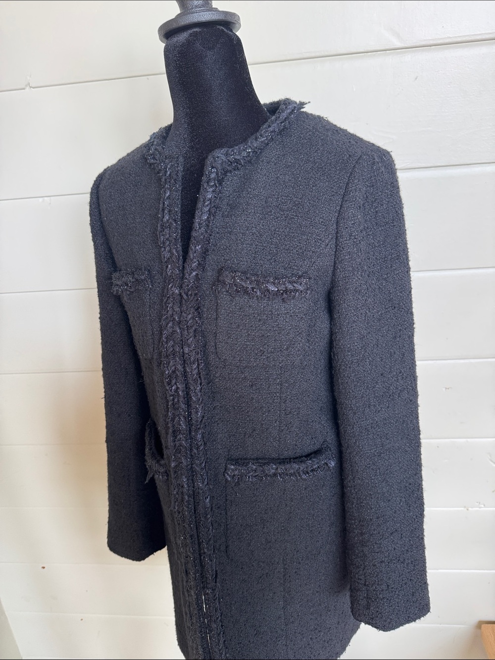 J.Crew Collection Black Bouclé Lady Coat Braided Fringe Trim Wool Blend Size 2 - Picture 7 of 15